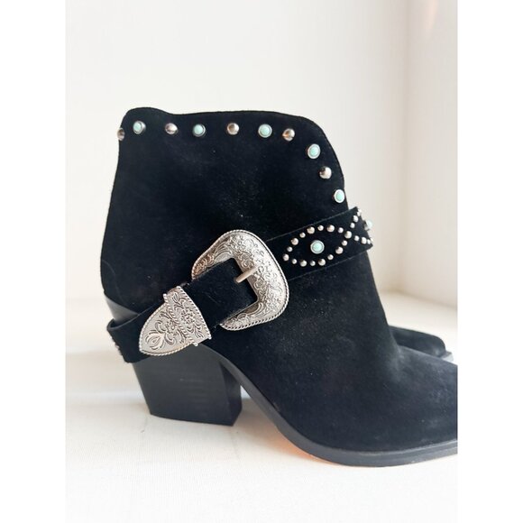 Jessica Simpson Black Suede Silver tone Buckle  Stud Detail Pointy Toe Booties 8 - Picture 2 of 9